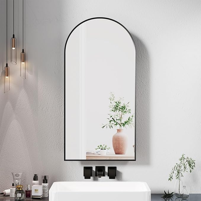 Black Arched Medicine Cabinet with Mirror, Arched Mirror Cabinet for Bathroom,Black Metal Edge Medicine Cabinet Surface Mount Only,Bathroom Arch Mirror Cabinet with Storage,16 x32 Inch