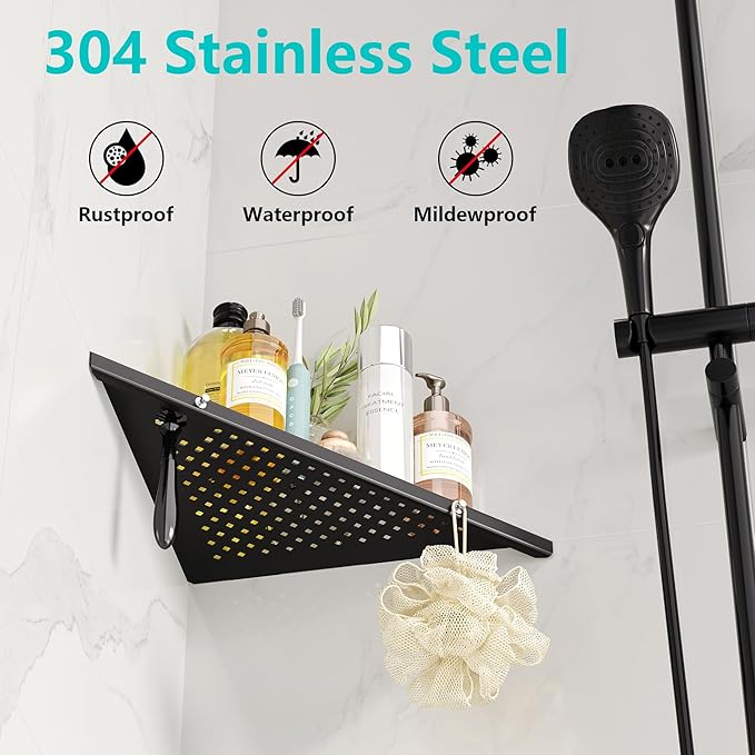 Qeke 10" Bathroom Corner Shelf, 2 Pack Recessed Shower Shelf Caddy, SUS304 Stainless Steel Shelf Wall Mount Triangular, No Drilling Matte Black