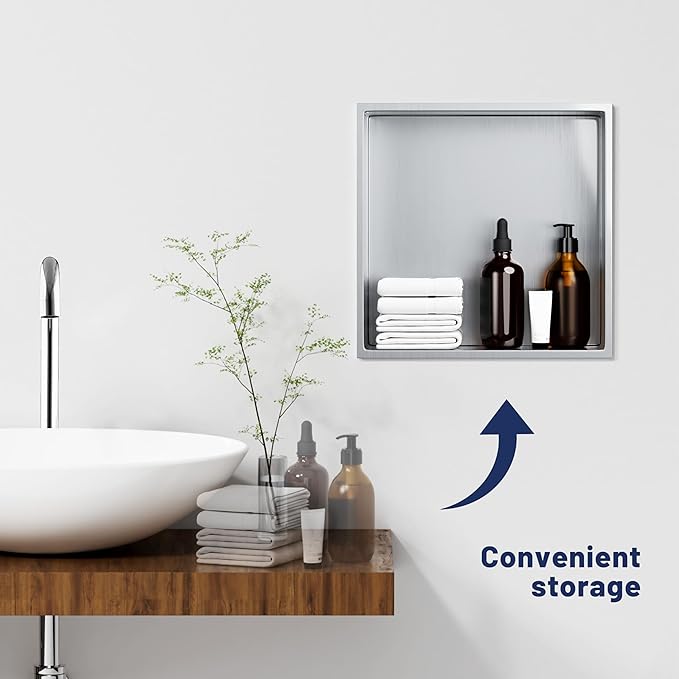 Stainless Steel Shower Niche 12"X12", No Tile Needed Recessed Inserted Wall Niche Shower for Bathroom, Living Room, Kitchen for Storage, Brushed Nickel