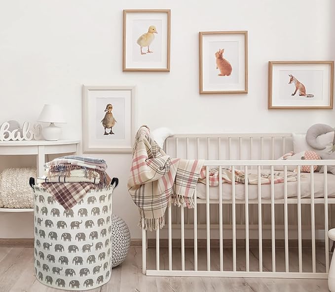 HIYAGON Canvas Storage Basket,Large Laundry Basket with Handles-Collapsible Storage Bin for Kids Room,Nersury Hamper,Toy Storage 19.7??15.7 (Grey Elephant)