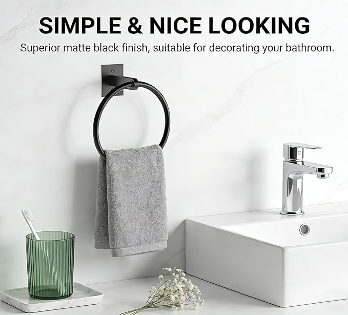 Bathroom Hand Towel Holder, Matte Black Towel Ring Hanger, Stainless Steel Towel Rings for Bathroom Wall Mount, Heavy Duty Towel Hanger for Bath, Kitchen