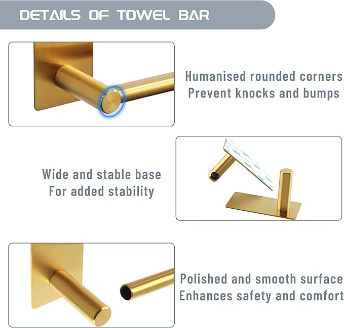Alise Adhesive Towel Bar, 16 Inch Towel Racks for Bathroom SUS 304 Stainless Steel,Bathroom Towel Holder No Drill, Strong Self Adhesive Towel Bar, Gold