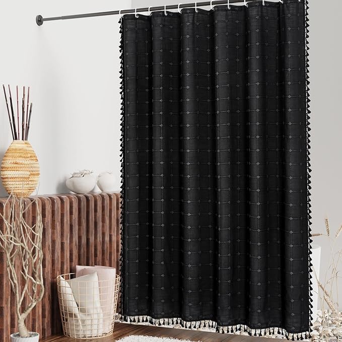 MitoVilla Black Boho Shower Curtains for Modern Bathroom Decor, Farmhouse Polyester Linen Fabric Cloth Shower Curtain with Tassel, 72 x 72