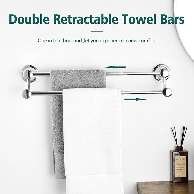 Hoimpro Adjustable Retractable 15-27 Inches Stainless Steel Bathroom Towel Bar, Bathroom Accessories Bath Hotel Double Towel Bar Rod Hanger Wall Mounted Towel Holder Towel Rack, Polished Chrome