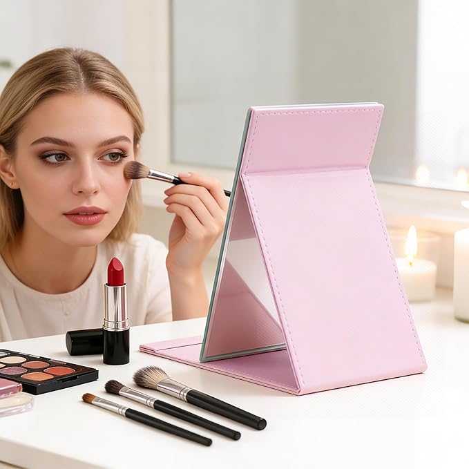 DUcare Folding Mirror Portable Travel PU Portable Adjustable Rectangular Ultrathin Vanity Mirror with Stand Pink