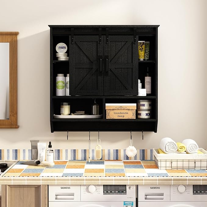 RUSTOWN Farmhouse Bathroom Wall Cabinet,3-Tier Rustic Wood Wall Mounted Cabinets,Vintage Medicine Cabinet with Sliding Barn Door and Adjustable Shelves,Over The Toilet Storage Cabinet (Black)