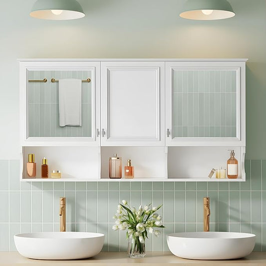 Merax Bathroom Wall Cabinet with Mirror, Wall Mounted Medicine Cabinet with Adjustable Shelves and Open Spaces, 55" x 28" Mirrored Door Over The Toilet Bathroom Storage Cabinet