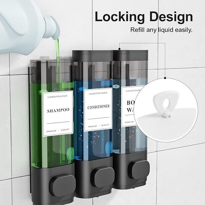 Shampoo and Conditioner Dispenser – Wall-Mounted Shower Soap Dispenser, No-Drill Installation, Lockable, 900 ml Capacity,for Bathroom & Hotel or Airbnb (Black, 3-Pack)