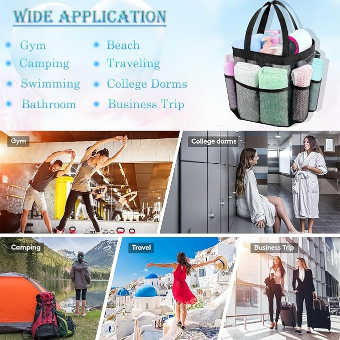 Mesh Shower Caddy Portable for College Dorm Room Essentials, 8-Pocket Large Capacity Shower Tote Toiletry Bag Basket, Quick Dry Hanging Organizer for Bathroom, Gym, Camp, Travel, Cruise, Beach