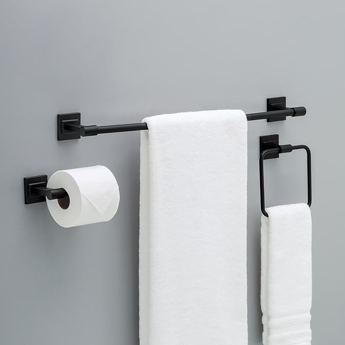 Delta Faucet McLaren 3-Piece Bathroom Set, Matte Black, 18"/24" Towel Rack, Toilet Paper Holder, Ring MCL63-MB