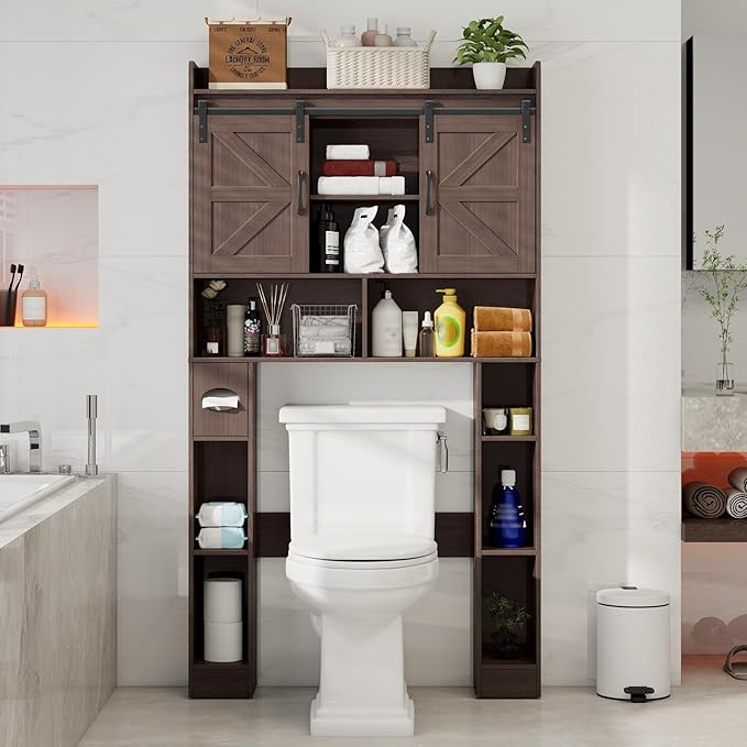 Vabches Farmhouse Storage Cabinet Over Toilet with Sliding Doors, Home Space-Saving Toilet Rack, Over The Toilet Storage Cabinet, Open Storage Shelf, for Bathroom, Laundry, Restroom.Espresso