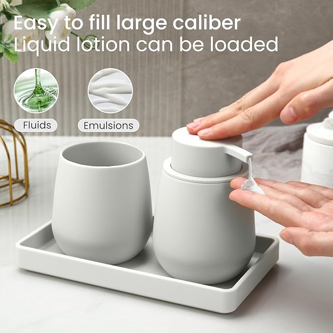 Bathroom Accessories Set, Modern 3 Pcs Bathroom Essentials - Soap Dispenser, Toothbrush Holder & Tray, Countertop Vanity Organizer (Beige)