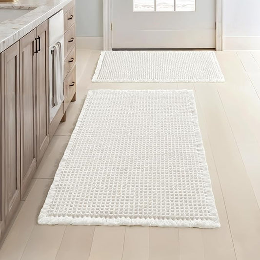 MIULEE Set of 2 Waffle Bathroom Rugs, Boho Bath Rugs Non Slip Washable, Super Absorbent Bath Mats, Ultra Soft Rubber Backed Shower Mats for Bathroom Floor, Tub, White, 17"x24"+18"x30"