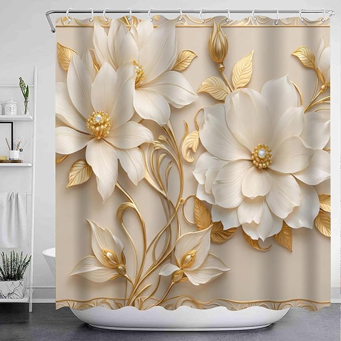 NBVKO 4Pcs Luxury Magnolia Blossoms Printed Shower Curtain Set with 12 Hooks Non-Slip Rugs,Toilet Lid Cover and Bath Mat,Gold Bathroom Decor for Hotel & Home Bathroom