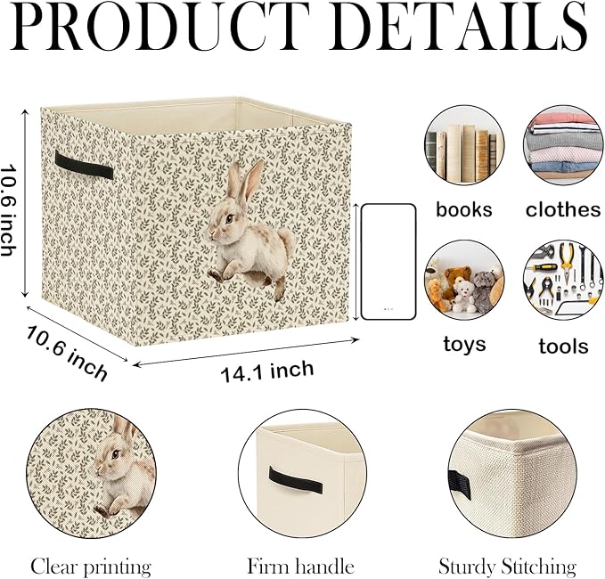 Easter Bunny Storage Bin Box with Handles, Cottagecore Botanical Rabbit Foldable Baskets Organizer for Kids Girls Room Nursery Bathroom Home Clothes Toys Books, Toybox for Girls
