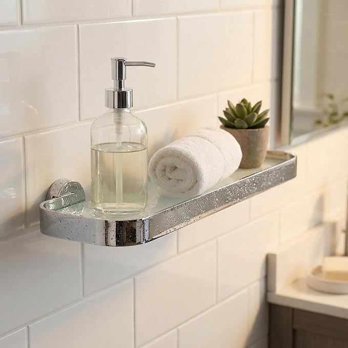 Cortesi Home Milo Contemporary Stainless Steel Glass Vanity Shelf, Chrome, 16"