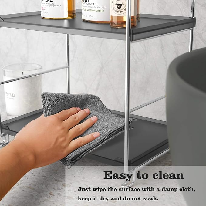 2-Tier Bathroom Organizer Countertop Storage Shelf, Vanity Tray Cosmetic Stackable Storage Rack, Kitchen Spice Rack (Chrome + Black)