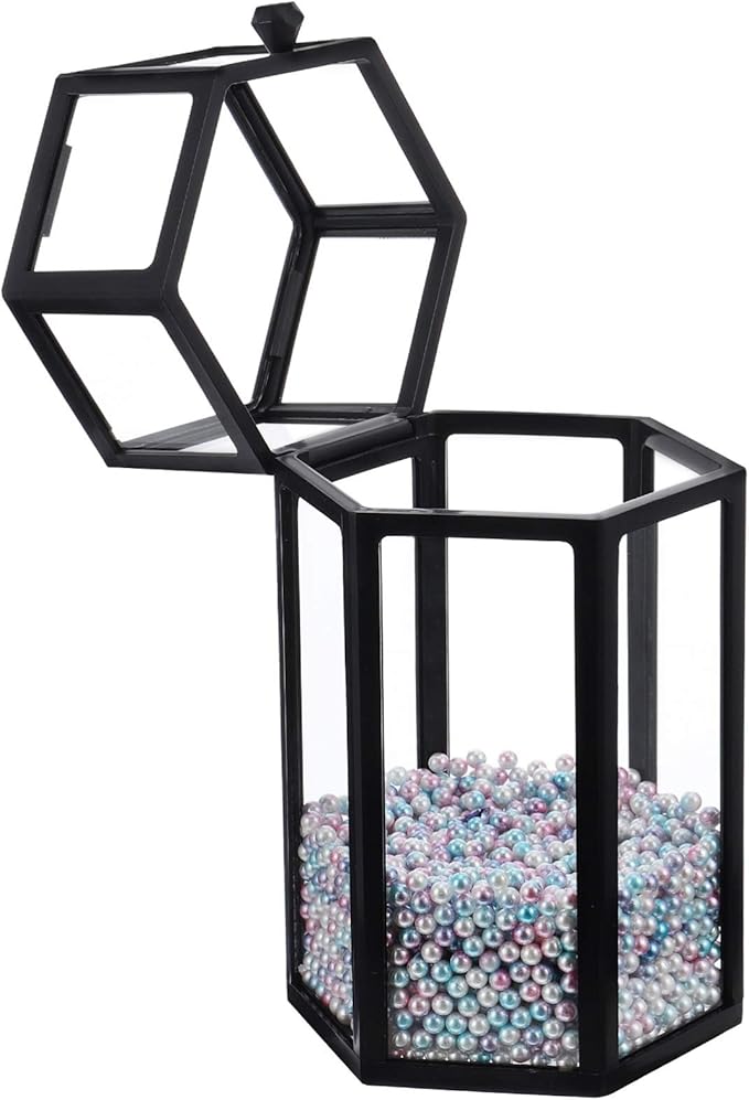 FRCOLOR Glass Makeup Brush Holder with Lid, Vintage Makeup Brush Organizer Storage Box with Colorful Pearls for Vanity Dresser (Black)