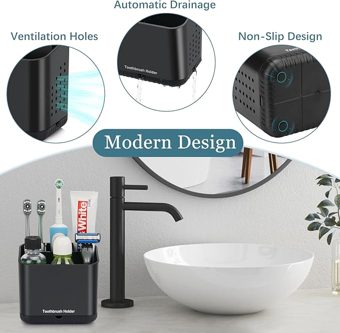 PARKMANI Black Toothbrush Holders for Bathrooms, Kids Electric Toothbrush and Toothpaste Holder, 4 Slots Tooth Brush Holder for Bathroom Countertop Organizer (Black)