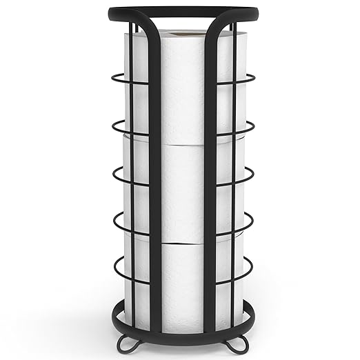 BROOKSTONE Toilet Paper Holder Stand Reserve - Free Standing Toilet Paper Stand with Storage that Holds Mega Rolls, Standing Bathroom Tissue Organizer, Bathroom Decor - Modern Storage Holder, Black