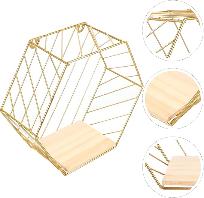 Luxshiny Wall Shelf with Hooks Gold Hexagonal Iron Rack Multi-Functional Decorative Storage Shelf for Bathroom Kitchen Living Room Wall Mounted Organizer