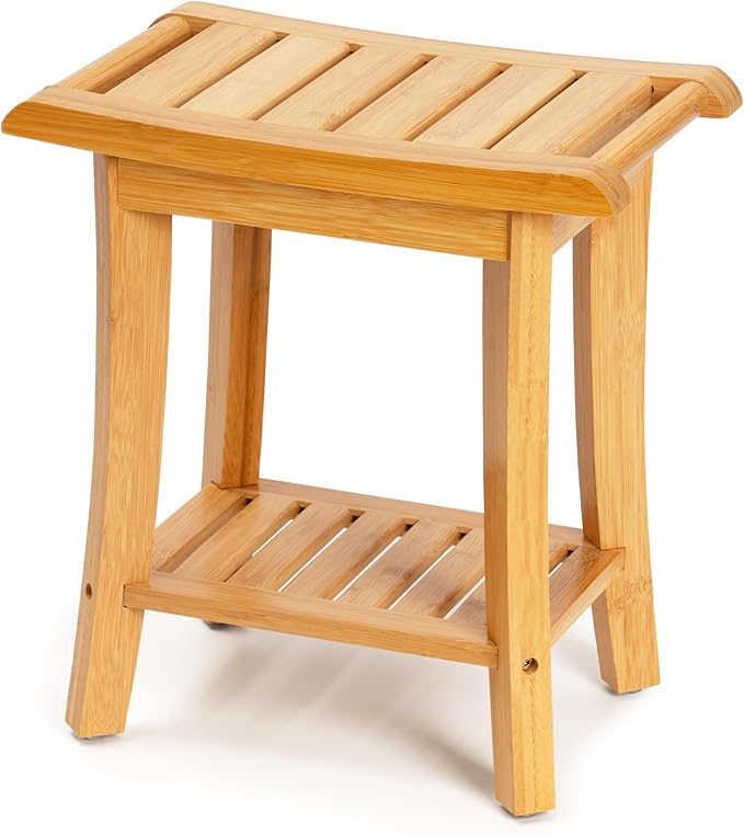 Unibambou Bamboo Shower Bench Inside Shower Stool with Storage Shelf, Spa Bath Chair for Bathroom, Seat or Organizer for Living Room, Bedroom and Garden - Great for All Ages Elderly (Small, Natural)
