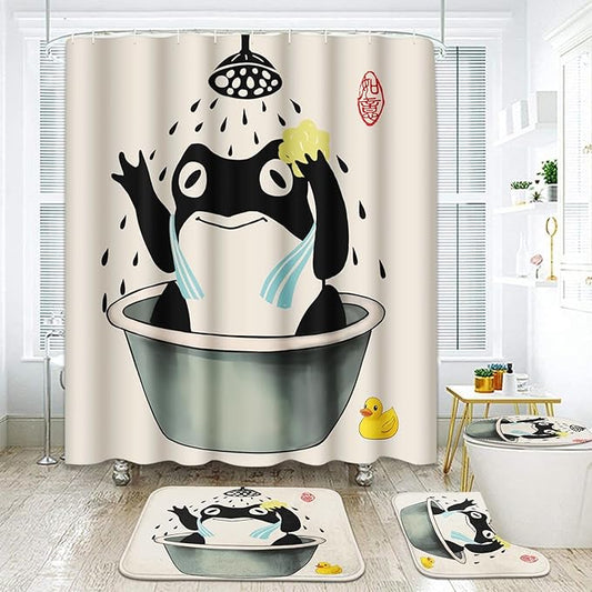 ArtSocket Funny Frog Bathing Bathroom Set with Shower Curtain and Rugs and Accessories, Asian Style Traditional Japanese Art Duck Cute Animal Retro Beige Shower Curtain for Bathroom Decor 4 Pcs