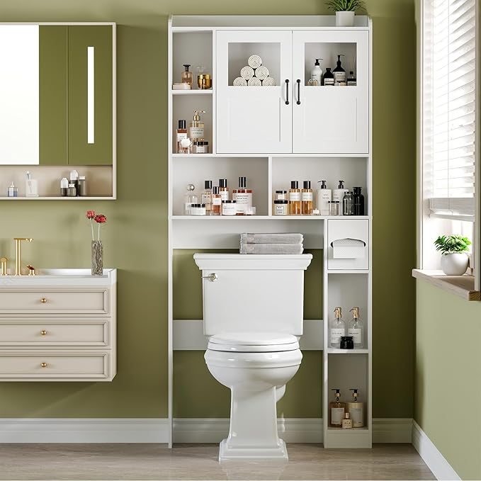 Farmhouse Style Over Toilet Storage Cabinet, 67" Tall Bathroom Organizer Unit with Sliding Barn Doors & Open Shelving for Bathroom, Neutral Wood Grain Finish