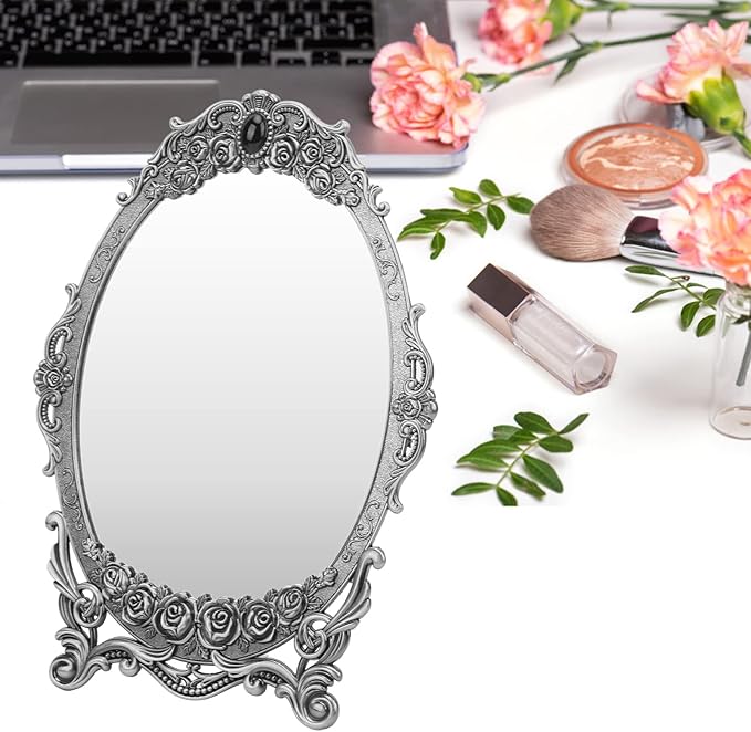 TOPINCN Vintage Oval Floral Embossed Retro Desktop Makeup Mirror with Stand, Clear Image, Zinc Alloy Frame, Wall Mount, Antique Pewter Mirror, 1 Count