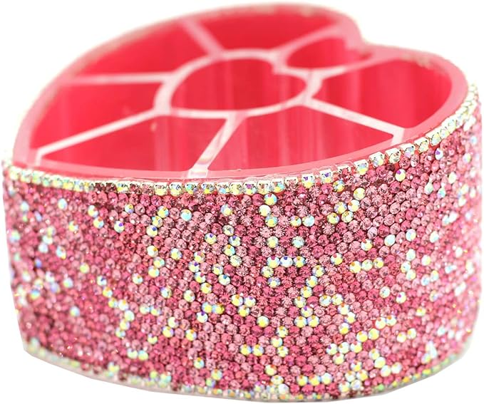 Desktop Cosmetic Storage Box 8-hole Heart-Shaped Bling bling Rhinestone Cosmetic Tools storage Box Jewelry Storage Box (Pink)