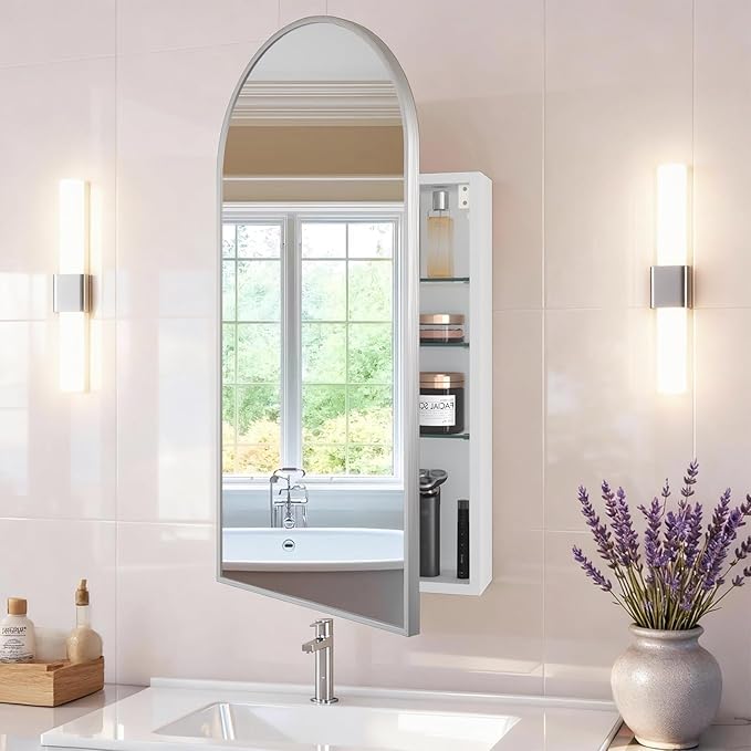 FKWin Arched Sliver Bathroom Medicine Cabinet with Mirror, Left or Right Opening, Bathroom Vanity Mirrors with Storage, Surface Mount Medicine Cabinet not Recessed, Silver, 15.7x31.5 inch