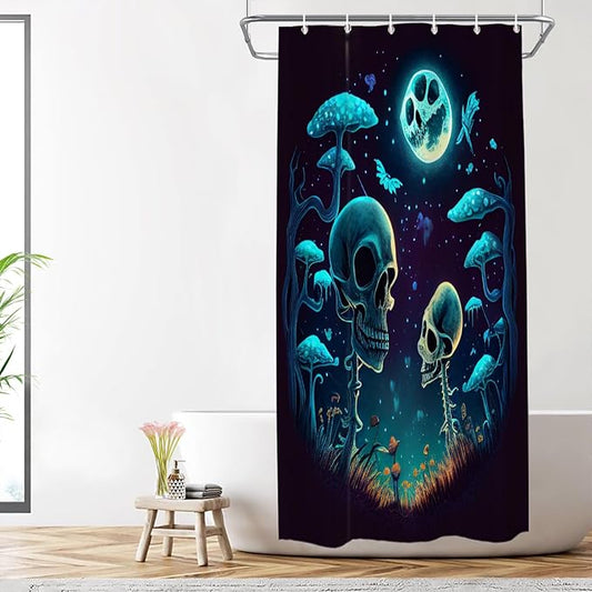 Shrahala Happy Halloween Funny Decorative Shower Curtain, Skeletons Grass Mushrooms Starry Sky Bathroom Décor Polyester Fiber Waterproof with Plastic Rings for Shower Stall Bathtubs 72 x 36 in