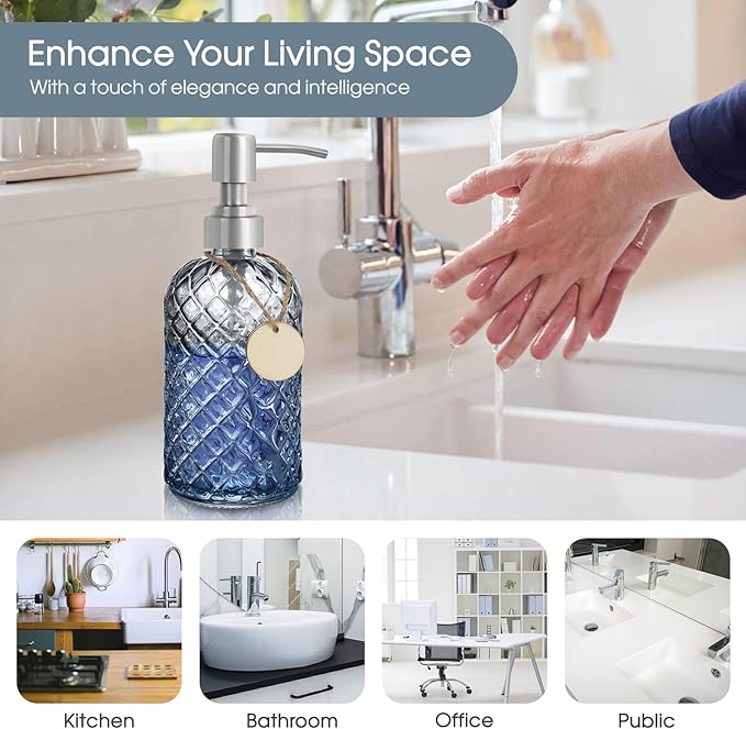 Gem-Patterned Glass Soap Dispenser with Rust Proof Stainless Steel Pump-13 oz Liquid Hand Soap Dispenser for Kitchen & Bathroom,Great for Lotions, Essential Oil, Liquid Soaps-Gray