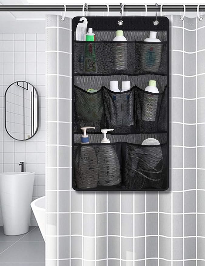 KIMBORA Mesh Shower Caddy Hanging Bathroom Organizer Storage with 2 Large Pockets 3 Rings Hang Curtain Rod for Dorm Cruise RV, Black