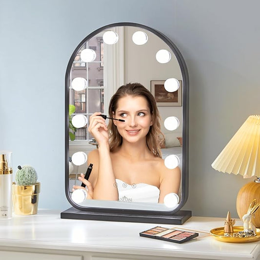 LUXFURNI Hollywood Mirror with Lights Makeup Mirror for Bedroom, Vanity Arched Mirror with 12 Dimmable Bulbs Smart Touch Control 3 Color Lighting Modes, Black