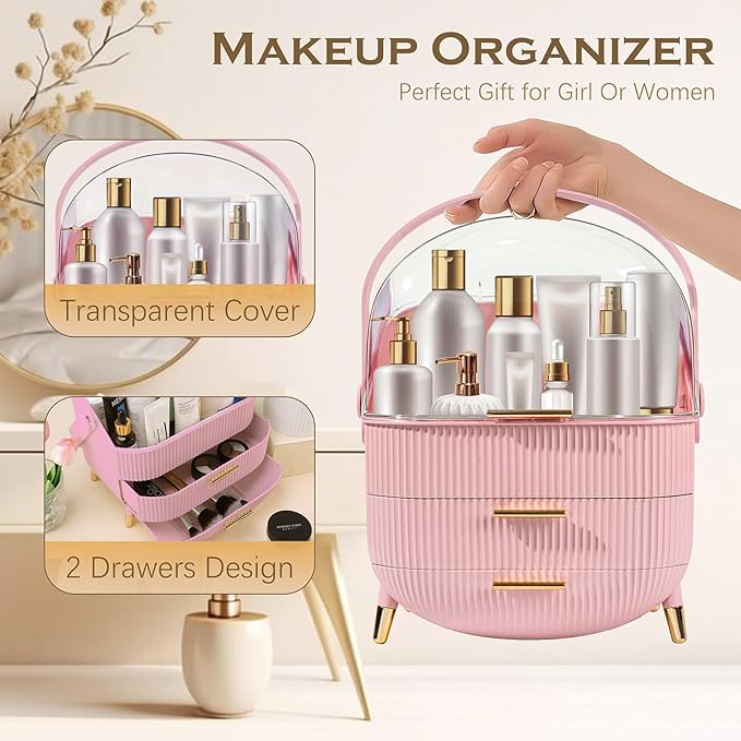 Makeup Organizer for Vanity Cosmetics Skincare Organizers with Lid and Drawers Display Cases for Countertop (Pink) | for Vanity, Organizers, with Lid, and Drawers, for Countertop