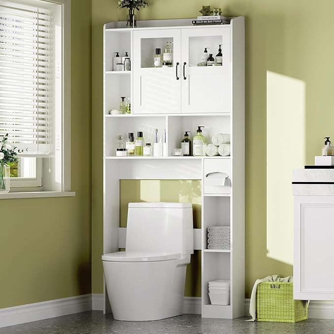 Farmhouse Style Over Toilet Storage Cabinet, 67" Tall Bathroom Organizer Unit with Sliding Barn Doors & Open Shelving for Bathroom, Neutral Wood Grain Finish