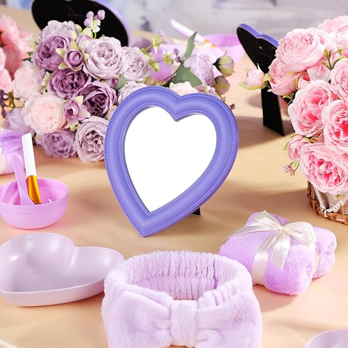 GlikCeil 8 Pcs Spa Party Supplies 8 Heart Shaped Mirror Purple for Sleepover Party Favors Makeup Mirror for Spa Slumber Birthday Favor