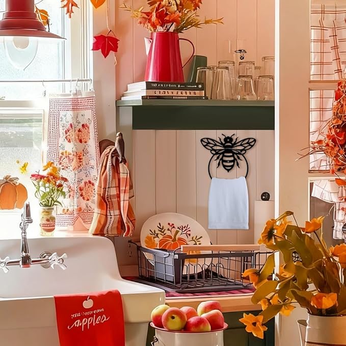 MAYJOYDIY Honey Bee Metal Towel Ring Antique Bumblebee Hand Towel Holder Round Cute Insects Towel Hangers Black Bathroom Towel Rack Wall Mounted for Kitchen Bath Home Laundry Room Decors Gifts