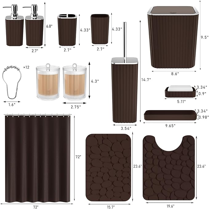 XLHOMO Bathroom Accessories Set - 25PC Brown Bathroom Sets with Shower Curtain and Rugs, Bathroom Accessory Set, Brown Shower Curtain Set, Trash Can, Qtip Holder Dispenser & Soap Dispenser