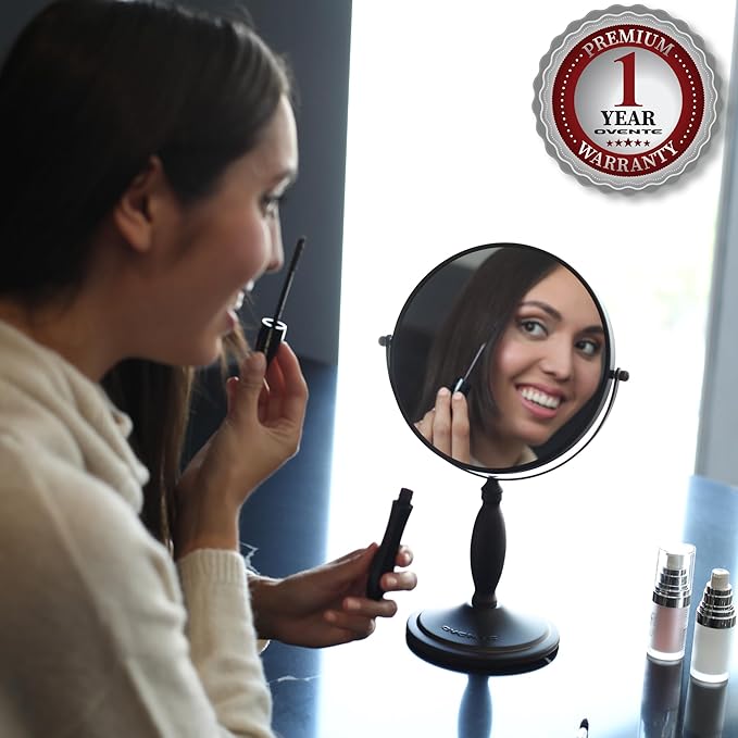 OVENTE 8'' Tabletop Makeup Mirror with 1X/7X Magnification, 360° Swivel Design and Double-Sided Free-Standing Vanity Mirror Perfect for Dresser, Bedroom and Office Desk, Antique Bronze MNLAT80ABZ1X7X