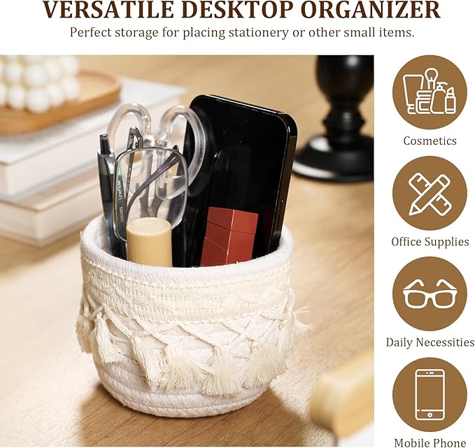 HEAVYWOOD Macrame Makeup Brush Holder Organizer 4.7''x3.9'' Mini Makeup Containers Boho Small Round Storage Basket Tassels Fringe Decorative Pencil Holder Set of 2 (4.7''x3.9'', Cream)