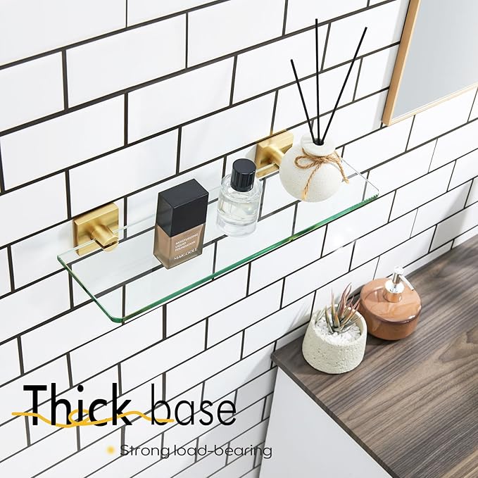 KOKOSIRI Floating Wall Shelf 16-Inch Bathroom Tempered Glass Shelves Shower Rack Kitchen Storage Home Decor, 2 Pack Gold Stainless Steel B1107BG-L16-P2