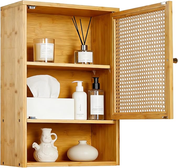 Bathroom Wall Cabinet, Bamboo Medicine Cabinet with Rattan Doors, Adjustable Shelf, Wall Mounted Storage Cabinet for Bathroom, Kitchen, Laundry Room Natural