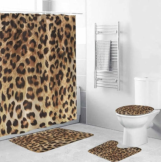 TOMWISH 4 Pcs Leopard Shower Curtain,Brown Cheetah Print Bathroom Sets Complete,Shower Curtain Toilet Lid Cover and Bath Mat Bathroom Decor Sets,juego de baños de Set Bath Accessories with Hooks