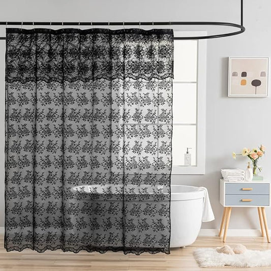 YJ YANJUN Black Lace Shower Curtain Luxury Vintage Sheer Shower Curtain with Attached Valance Elegant Boho Bath Curtain for Bathroom Gothic Halloween Bathroom Decor 72 x 72 Inches