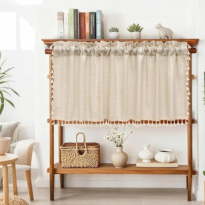 Boho Farmhouse Linen Valance Curtain, 52x18 inch Soft Light Filtering & Privacy Window Valance with Tassels for Living Room Kitchen Bathroom, Rod Pocket, Beige Cream