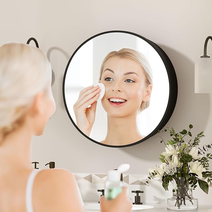 20 x 20 Inch Round Medicine Cabinet Mirror Black,Circular Bathroom Mirror with Storage Wall Mounted,Metal Framed Medicine Cabinets with Tempered Glass Adjustable Shelves for Bathroom Vanity