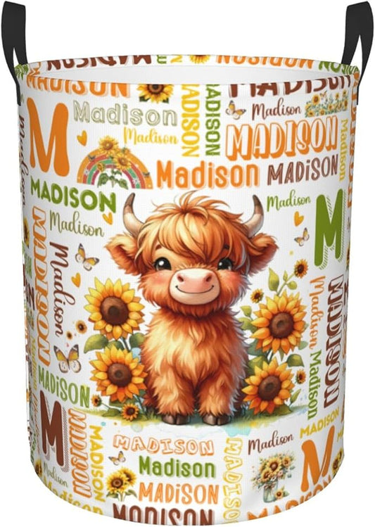Personalized Highland Cattle Laundry Basket For Baby Kids Girls Adult Custom Hamper Basket With Name For Bathroom Bedrooms Collapsible Baby Laundry Basket, Dirty Clothes Hamper With Handles
