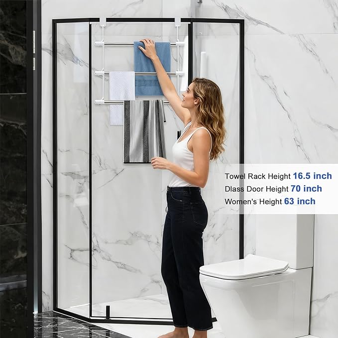 3-Tier Over The Door Towel Rack, Durable Stainless Steel 16 Inch Towel Hanger & Holder, No Drilling Tool-Free Install, Fits 1.5 Inch Standard Bathroom/Shower Door, Space Saving Hanging Storage